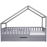 TICAA TiCAA Hausbett Bodenbett wandelbar mit asymmetrischem "Lou" 90/100/120/140x200 cm für Jungen & Mädchen, inkl. Rolllattenrost, Zusatzbett & Rausfallschutz, Montessori Bett aus Kiefer Massivholz