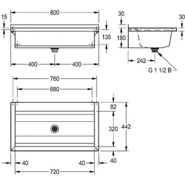 KWC AR Waschrinne, PLANOX, Edelstahl, W.-Mont., 800x210x442 mm, m. Arm-bank