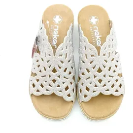 Rieker Damen Pantolette breiter Riemen mit Strass schmale Weite V0689, Größe:41 EU, Farbe:Beige - Beige - 41