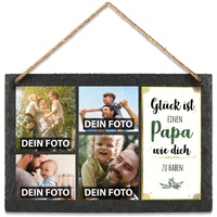PR Print Royal Schieferplatte selbst gestalten - mit 4 Fotos Bedrucken - Glück ist einen Papa wie Dich zu haben - Geschenk Vatertag, Geburtstag, Weihnachten, Schiefertafel zum Aufhängen, 20 x 30 cm