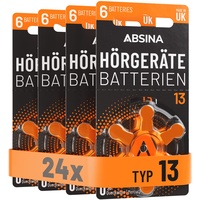 ABSINA Hörgerätebatterien 13 24 Stück mit gut greifbarer Schutzfolie - Hörgeräte Batterien 13 Zink Luft mit 1,45V - Typ 13 Batterien Hörgeräte Orange - PR48 ZL2 P13 Hörgerätebatterien