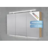 Intarbad Badezimmerspiegelschrank 3-türiger Spiegelschrank mit MULTI LED Acryl Aufsatzleuchte, dimmbar (Doppelspiegeltüren, Holz-/ Lackdekore, Maße von 120 bis 140 cm wählbar, Höhe 70 cm, Glasfachböden, Magnetleiste & Kosmetikspiegel Ø 12 cm) Vormontierte Lieferung, Floatglas, 160 kg Traglast, Made in Germany beige 120 cm x 70 cm x 13,5 cm