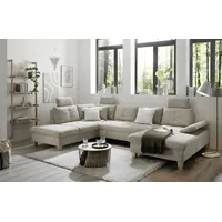 Wohnlandschaft Ascot mit Cord-Bezug und Schlaffunktion in Hellbraun, U-Form inkl. Kopfstützen, Bettkasten und Verstellbarer Armlehne - 324 x 107 x 218 cm (B/H/T)