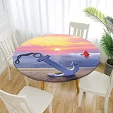 Morbuy Rund Tischdecke Elastisch, Anker Drucken Rund Tischdecken Wasserdicht Lotuseffekt Abwaschbar Abwischbar Tischtuch für Dekoration Küchentisch Garten Outdoor (Durchmesser 120cm,Sonnenuntergang)