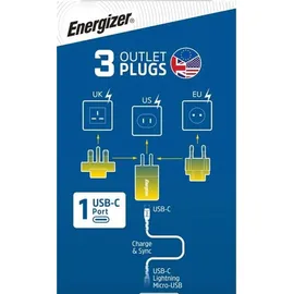 Energizer ENERGIZER, GaN 4A USB-C 20W Netzladegerät mit EU/UK/US Steckdosen, Schwarz / Blau - Bunt