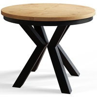 Runder Esszimmertisch LOFT, ausziehbarer Tisch Durchmesser: 120 cm/200 cm, Wohnzimmertisch Farbe: Hellbraun, mit Metallbeinen in Farbe Schwarz