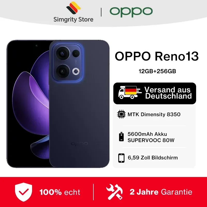 OPPO Reno13 5G 12+256 GB, KI-Smartphone Android ohne Vertrag, Mobiltelefon, Dimensity 8350 5G, 120 Hz, 6,59 Zoll AMOLED-Bildschirm, 50 MP KI-Hauptkamera, SUPERVOOC 80 W, 5600 mAh Akku, IP69, 4K-Video