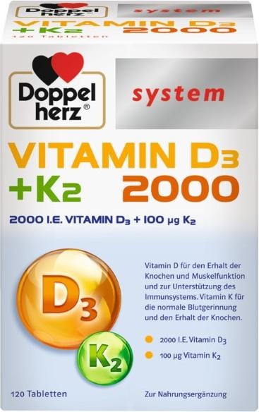 Doppelherz, Vitamine + Nahrungsergänzung, system Vitamin D3 + K2 2000 Tabletten, 120 St. Tabletten (120 Stück, Tabletten)