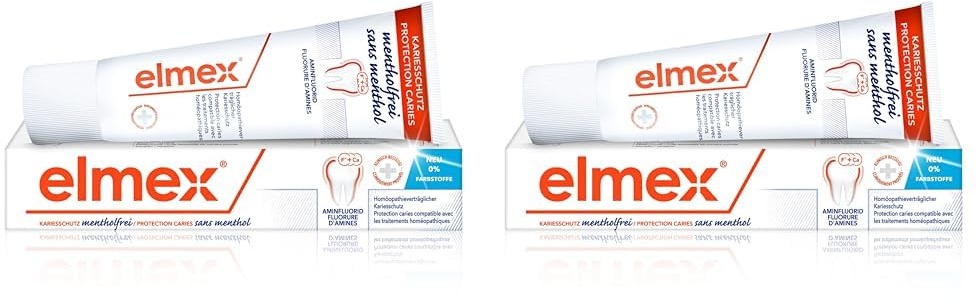 elmex Zahnpasta Kariesschutz Mentholfrei 75 ml – medizinische Zahnreinigung für hochwirksamen Kariesschutz – ohne Menthol, Kampfer oder Pfefferminzöl (Packung mit 2)