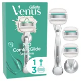 Gillette Venus ComfortGlide Sensitive mit einem Hauch von Aloe Vera, 3 Ersatzklingen, langlebiges Metallhandstück und Duschhalterung