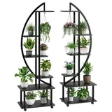 Blumenregal mit Rollen - 6-stöckiges Pflanzenregal - Halbrundes Eckregal - Metallgestell mit Holzplatten - Für Wohnzimmer und Balkon - Schwarz - Schwarz