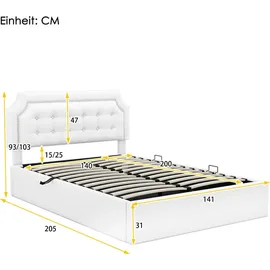 SOFTWEARY Stauraumbett mit Lattenrost und Bettkasten, 140x200 cm, Polsterbett mit höhenverstellbarem Kopfteil, Kunstleder Weiß