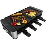 Cecotec Raclette Cheese&Grill 16000 Inox Black, 8 Personen, 1400 W Grill, 40 x 22 cm, einstellbares Thermostat, Antihaft-Grillplatte, inklusive 8 Pfannen und 8 Spatel.