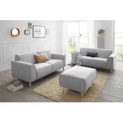 Hocker ANDAS "Janek", grau (hellgrau), B:97cm H:47cm T:66cm, Struktur fein ( 100% Polyester), Struktur weich (92% Polyester, 8% Nylon), Struktur fein ( 100% Polyester), Hocker, Polsterhocker, mit Keder in scandinavischem Design