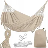 OEM Gartenhängematte Im Brasilianischen Boho-Stil 190x150 cm, Beige, 120 kg Belastbarkeit, Mit Fransen, Aufbewahrungstasche 2 Seilen, Baumwolle-Polyester, Outdoor Indoor
