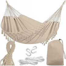 OEM Gartenhängematte Im Brasilianischen Boho-Stil 190x150 cm, Beige, 120 kg Belastbarkeit, Mit Fransen, Aufbewahrungstasche 2 Seilen, Baumwolle-Polyester, Outdoor Indoor