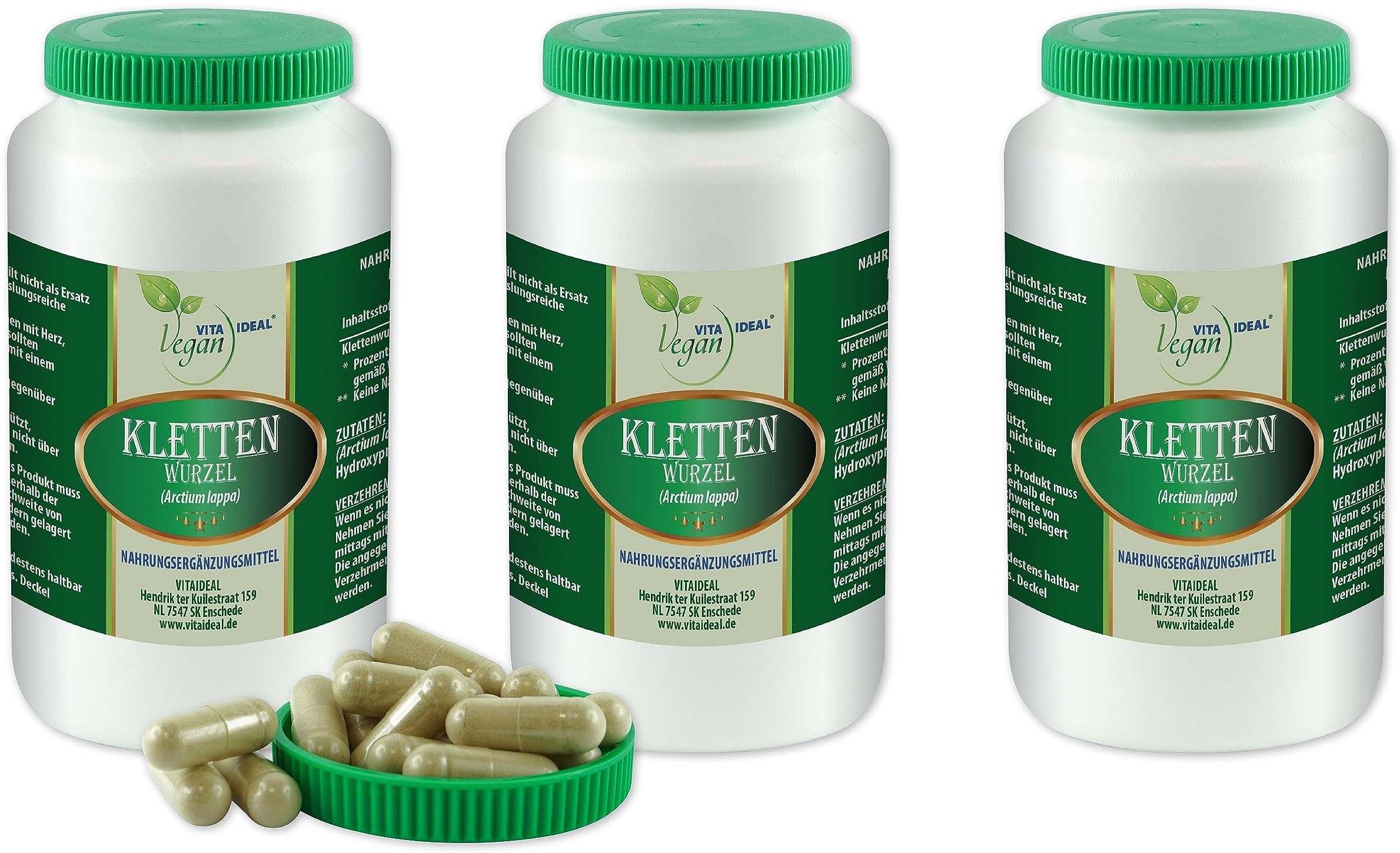 VITA IDEAL Vegan® Kletten Wurzel 3x 360 Kapseln - Arctium lappa - Tagesportion 940mg Klettenwurzel reines Pulver. Natürlich, pflanzlich und ohne Zusatzstoffe, original von VITAIDEAL