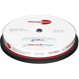 PrimeOn BD-R 25GB 10x bedruckbar 10er Cakebox (10 Disc), photo-on-disc ultragloss Surface, Water resistant Inkjet Fullsize Printable weiß 29W / 32L