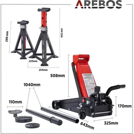 Arebos 3T Hydraulischer Rangierwagenheber mit Fußpedal, 2x Unterstellbock, 3 Tonnen Tragkraft 2x Auflagen