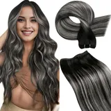 LaaVoo Tressen Echthaar Balayage Schwarz Silber Echthaar Tressen zum Einnähen Lang 100g #1B/S/1B Schwarz Ombre Silber Haartressen Echthaar 55cm