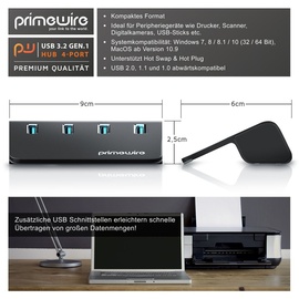 Primewire - 4 Port USB 3.2 Gen.1 Hub Aktiv - 4 Port Verteiler mit Netzteil - USB 3.0 USB 3.2 Gen.1 Datenhub - für PC Notebook Laptop Ultrabook Tablet