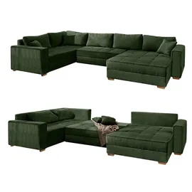 luma-home schönes für dein zuhause Wohnlandschaft U-Form Sofa Schlaffunktion Couch Bettkasten Cord in Grün / 15199 - Grün