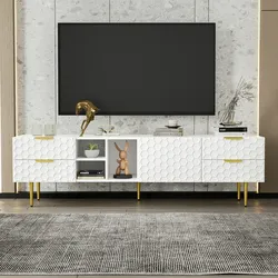 Merax TV-Schrank, lowboard, TV-Möbel mit Schubladen, offenen Fächern, goldenen Griffen und goldenen Füßen, Weiß und gold