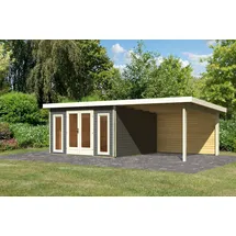Karibu Gartenhaus Radeburg 3 inkl. 3,30m Schleppdach und Rückwand - 40mm-369 x 369 cm- terragrau mit Anbaudach 3,3 m (B x T)