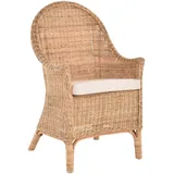 Krines Home Esszimmersessel Korbstuhl mit hoher Rückenlehne und Armlehne Armlehnstuhl Natur Rattan, Sessel gerader Rücken mit Kissen beige