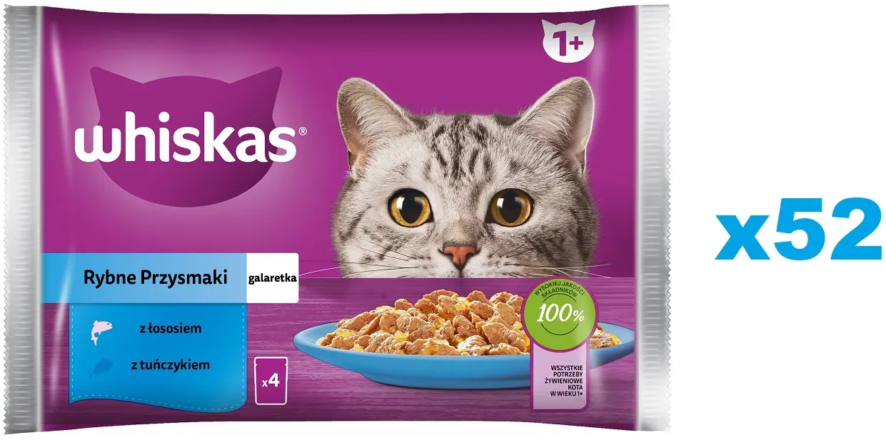 WHISKAS Adult 52x85g Fish Delicacies Nassfutter für ausgewachsene Katzen in Gelee mit: Lachs, Thunfisch