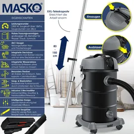 Masko MASKO® Industriestaubsauger Staubsauger Nass Trocken Sauger Edelstahl 2300W + Steckdose | Blasfunktion | Trocken-Saugen & Nass-Saugen Push&Clean Industrie-Sauger mit ohne Beutel beutellos