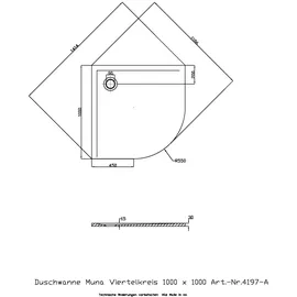 Hoesch Mineralguss-Viertelkreis-Duschwanne Muna 100x100x3cm, weiß matt, aus Solique