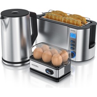 Arendo Frühstücksset 3-teilig, Wasserkocher 1,5 Liter, 4-Scheiben Toaster MANHA, 6er Eierkocher, Silber