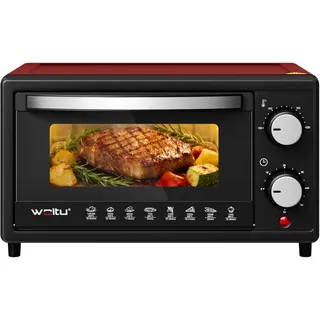 WOLTU Mini Backofen 10 Liter, kleiner Backofen, Pizza-Ofen, 100-230 °C, Timer 0-60 Min., Miniofen mit Backblech Grillrost Entnahmegriff, Rot