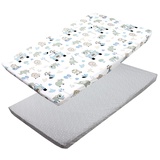 TupTam Baby Spannbettlaken Kinder Spannbetttuch für Babybett Kinderbett 2er Pack, Farbe: Zoo Blau/Sterne/Weiß/Grau, Größe: 90 x 200 cm