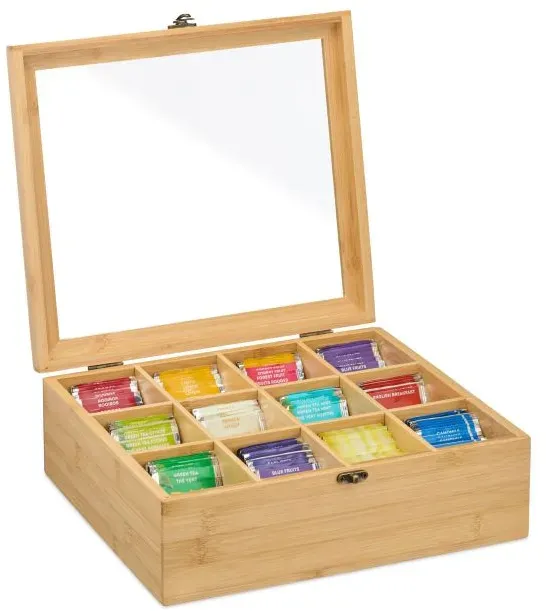 Relaxdays Teebox mit 12 Fächern Hellbraun,Transparent