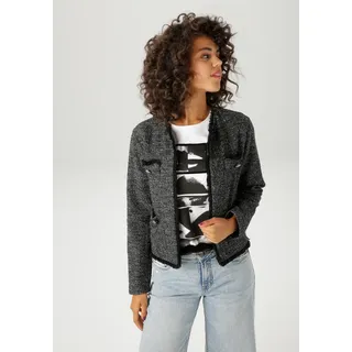 Aniston CASUAL Kurzblazer aus meliertem Bouclé-Jacquard mit Glanzfäden - NEUE KOLLEKTION Gr. 44, schwarz-weiß-silberfarben, , 59399626-44