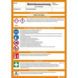 Betriebsanweisung Säuren und Laugen, CLP/GHS, Kunststoff, 210x297mm, ASR A1.3, DIN EN ISO 7010