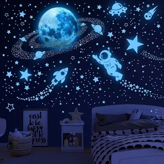 Leuchtsterne Kinderzimmer Sterne leuchtend Selbstklebend Wandsticker Wandaufkleber Kinderzimmer Junge Mädchen Kinder Mond Astronaut Leucht Aufkleber Schlafzimmer Wohnzimmer Wandtattoo
