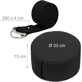 Relaxdays Meditationskissen Set, mit Yogagurt, Achtsamkeit, Bodenkissen, Bezug waschbar, HD 13x33 cm, Baumwolle, schwarz