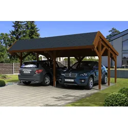 Skan Holz Harz Pultdach Doppelcarport nussbaum mit roten Schindeln Holzcarport
