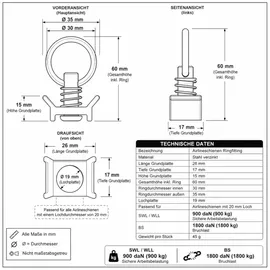 Preiswert & Gut 10x Airlineschiene Fitting 1 Zoll 25,4mm Zurröse Airline Schiene SWL/WLL daN 900