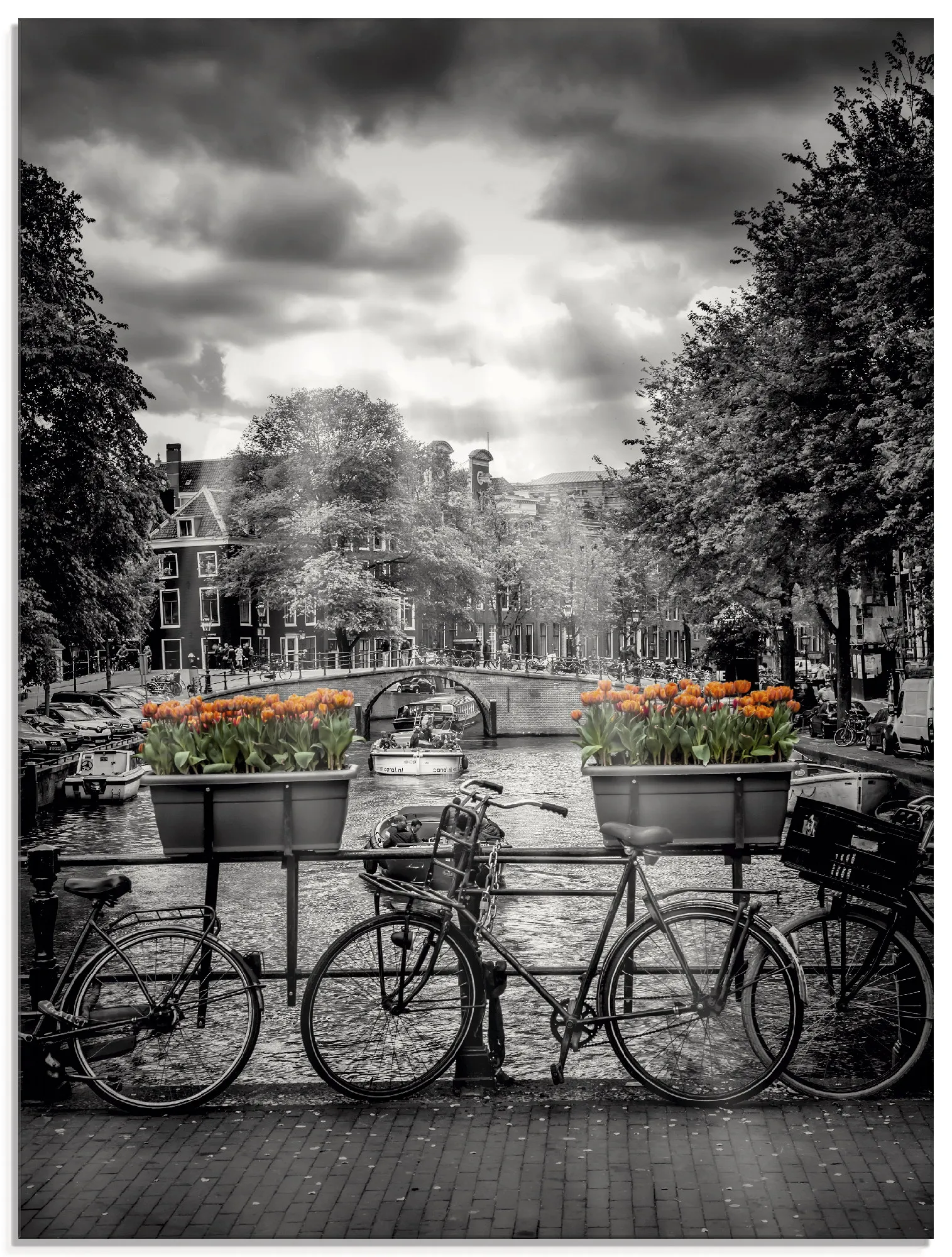 Artland Glasbild »Amsterdam Herengracht & Sonnenstrahlen«, Fahrräder, (1 St.), in verschiedenen Größen Artland schwarz