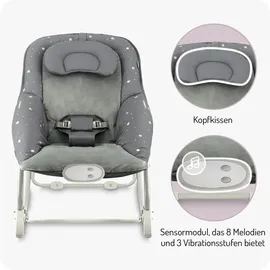 MOMI LAPIS für Babys bis 12 kg, Batteriebetrieb, 3-Punkt-Sicherheitsgurt, Bügel und 2 Spielzeuge, 3-fach verstellbare Rückenlehne, 8 Melodien, 3 Vibrationsmodi