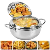 Frittiertopf mit Öltropfen-Abtropfgestell & Thermometer, 2,2L Mini Fritteuse mit Öl, Stainless Fritteusen mit Deckel, für Induktionsherd & Gas, Pommes Frites, Hühnerflügel und Garnelen (20cm)