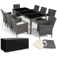 tectake Sitzgruppe Aluminium Rattan Gartenlounge mit Bezügen, inklusive Schutzhülle, (Loungeset Menorca, 9-tlg., für Außen in Grau), wetterfest und UV-beständig, mit Sicherheitsglasplatten, pflegeleicht grau