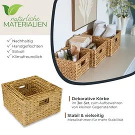 HMF Aufbewahrungskorb geflochten aus Wasserhyazinthe quadratisch 3er Set 22 x 26 x 30 cm beige