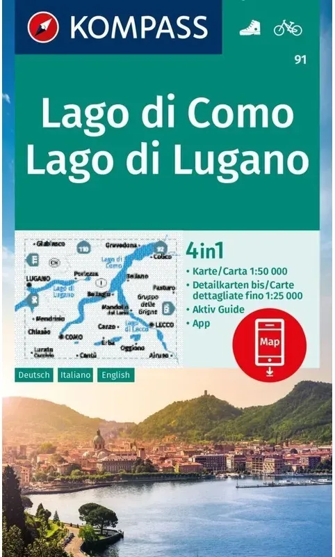 Kompass Wanderkarte 91 Lago Di Como, Lago Di Lugano 1:50.000, Karte (im Sinne von Landkarte)