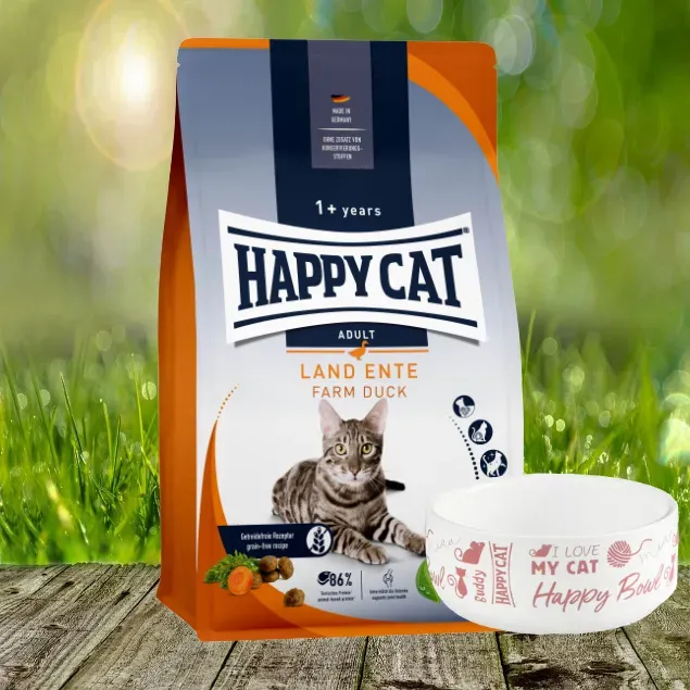 Happy Cat Culinary Adult LandEnte 4 kg - Getreidefreies Adult Katzentrockenfutter + Futternapf