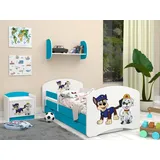 HAPPY BABIES Kinderbett mit Rausfallschutz Junge 140x70 Bett für Kinderzimmer mit Schublade Matratze Einzelbett für Kinder Blau Hundemotiv - Blau